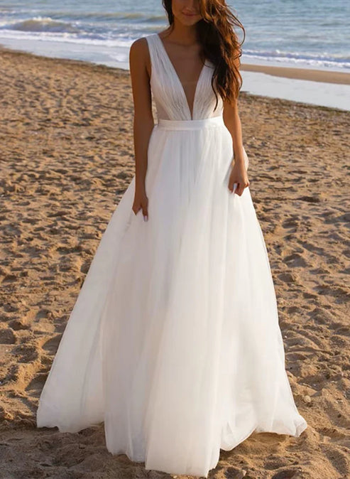 Luolandi A-Line Deep V-neck Sleeveless Sweep Train Tulle Beach Wedding Dresses Sexy